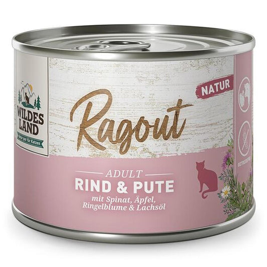Wildes Land Ragout Vită & Curcan, Hrană Umedă Pisici, 65% Carne, 180g