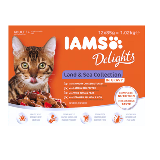 IAMS Delights Land & Sea Adult, Hrană Umedă Aspic, 48x85g
