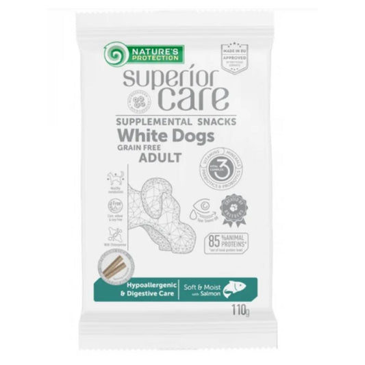 Nature’s Protection White Dogs Hypoallergenic & Digestive Care cu Somon 110g – Snack Hipoalergenic pentru Câini cu Blană Albă