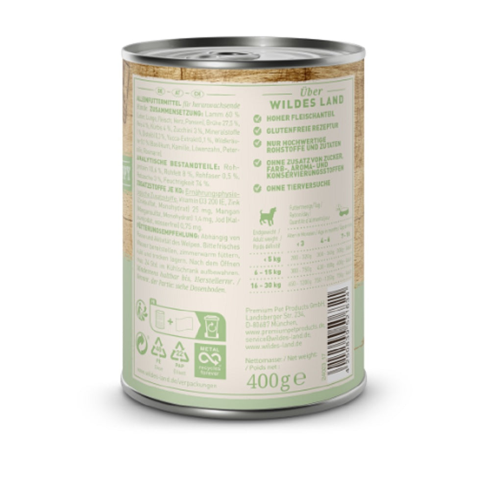 Wildes Land Puppy Hrană Umdă pentru catei cu 60% carne de Miel, Monoproteina 400g