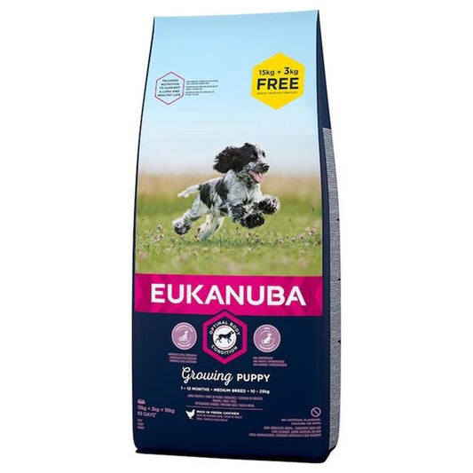 EUKANUBA Puppy Medium Breed, Pui – Hrană Usucată Căței 15+3 kg | Creștere Sănătoasă, Proteine 29%, Omega & Calciu