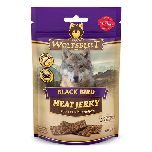 WOLFSBLUT Recompense Black Bird, Jerky Curcan, 80% Carne & Super-alimente, 80g